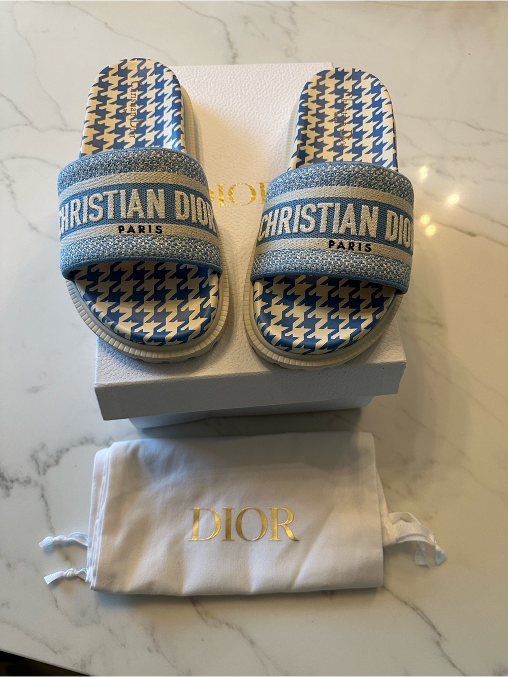 New in Box Christian DIOR Dway Leather Slides - Blue Oblique